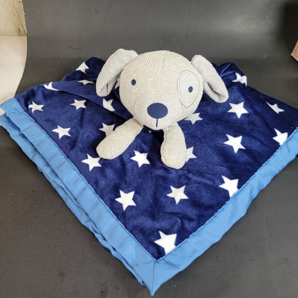 SECURITY Blanket CLOUD ISLAND Puppy Dog GRAY Navy Blue White Star Large Lovey - Picture 1 of 9